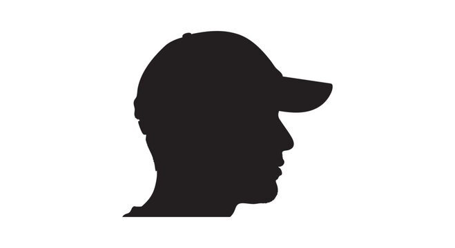 Black silhouette of man wearing baseball cap profile view, head and shoulders, casual style accessory, isolated on white.