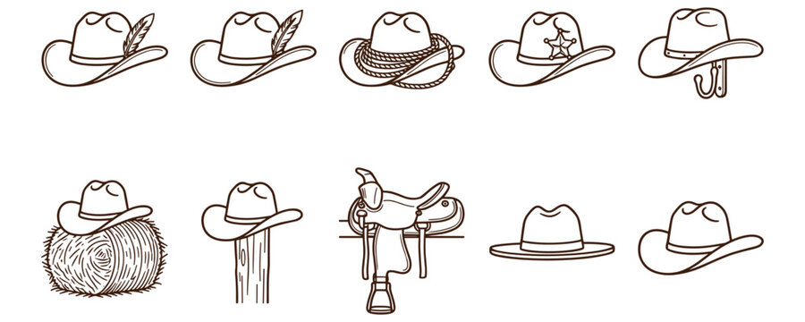 Western cowboy hat collection with rope saddle and various rustic objects.