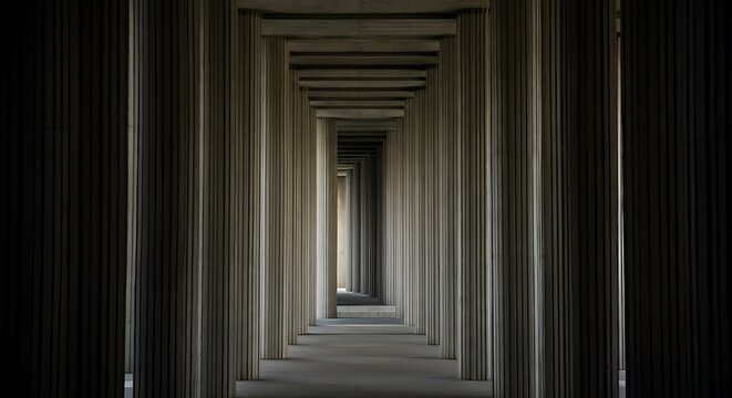 Abstract Geometry Of Concrete Pillars, Perspective Lines, Brutalist Architecture