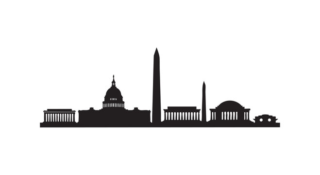 Black silhouette of Washington dc skyline architecture with iconic government landmarks on white isolated background.