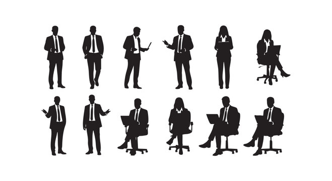 Business people silhouettes in various poses, standing and sitting with laptops, on a white background.