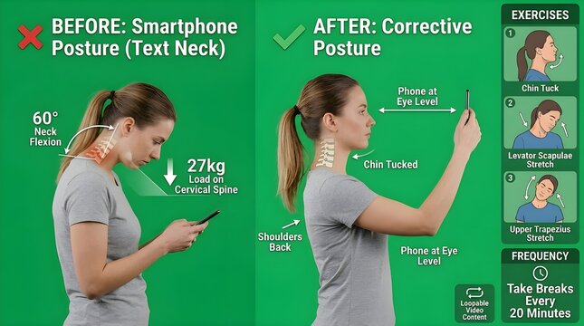 Woman demonstrating smartphone posture correction with ergonomic tips and exercises