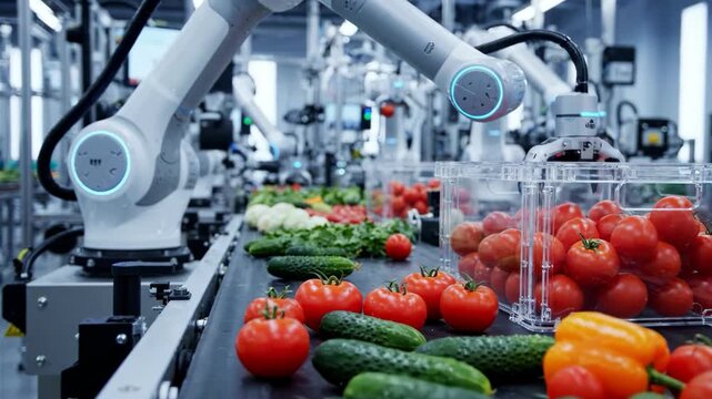 Robotic arms sorting fresh tomatoes and cucumbers on factory conveyor