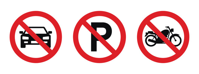 No parking sign collection featuring car and bicycle prohibition symbols, ideal for city signage, traffic control and public safety design. © ABUBOKKORsiddik