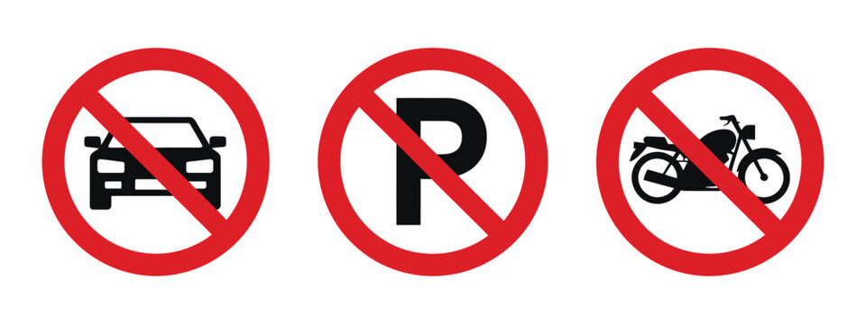 No parking sign collection featuring car and bicycle prohibition symbols, ideal for city signage, traffic control and public safety design.