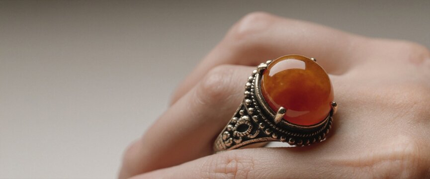 Macro shot of beautifully antique ring with carnelian