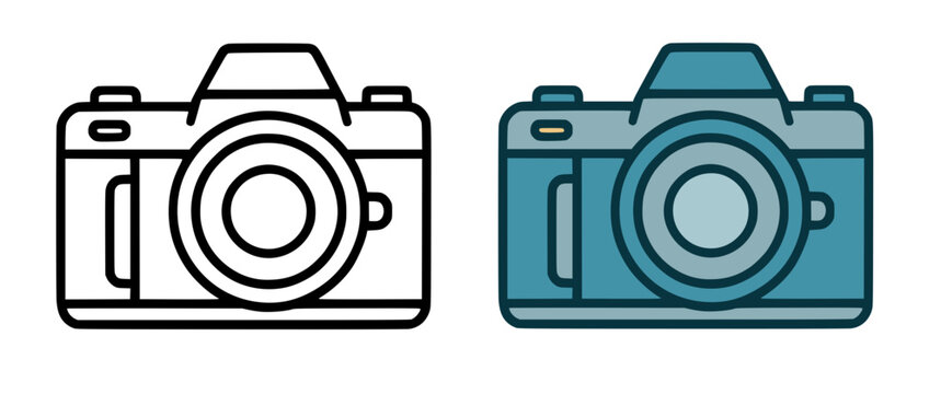 Vintage camera icon illustration in line art and colored design, for coloring page
