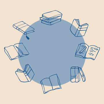 Hand drawn book doodle roud frame with open books stack