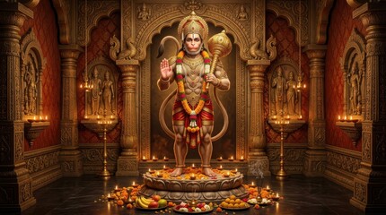 Fototapeta premium Hanuman deity standing in ornate temple interior with dramatic lighting and offerings