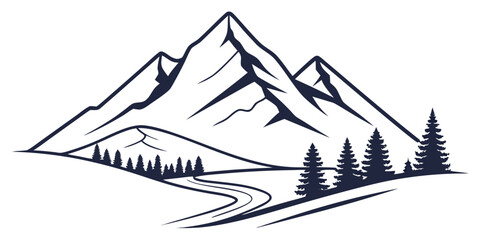 Minimalist mountain landscape sketch with evergreen pine trees and flowing river line art design element mountain landscape outdoors illustration adventure climbing © AD