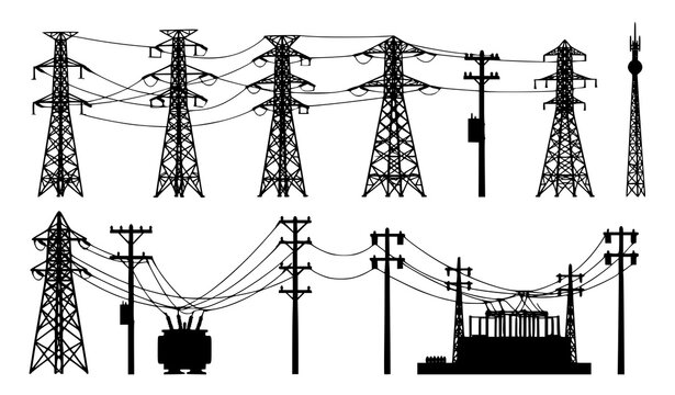 Electricity Pole and Power Pylon Black Silhouette Icons Set for Energy Utility and Technology Design