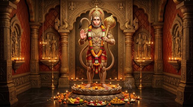 Hanuman deity standing in ornate temple interior with dramatic lighting and offerings