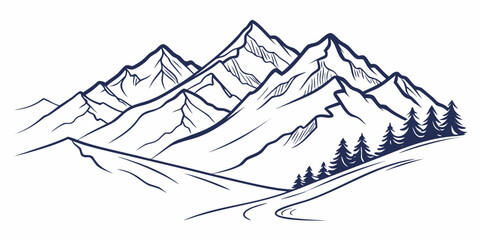 Mountain landscape graphic illustration with evergreen forest and pine trees mountains landscape illustration outdoors wilderness monochrome coniferous adventure © AD