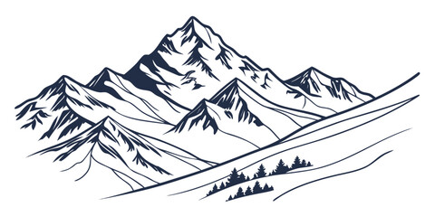 Stylized mountain range drawing with distant pine forest silhouettes mountains landscape illustration outdoors wilderness monochrome coniferous adventure © AD