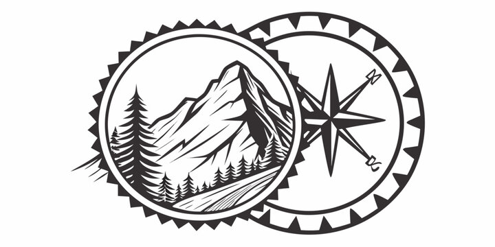 Combined graphic design featuring a mountain landscape within a circular badge and a compass rose star symbolizing adventure and navigation mountain landscape