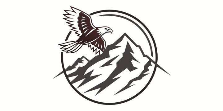 Graphic illustration of an eagle in flight soaring above a stylized mountain range enclosed within a circular frame mountain illustration circular wildlife isolated