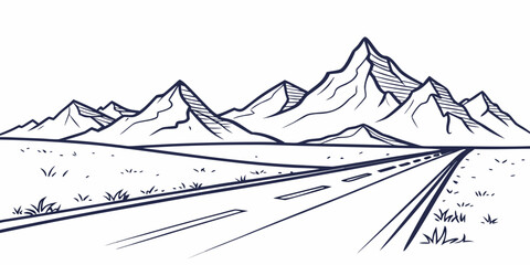 Road disappearing into the distance towards large mountain peaks in a monochromatic stylized graphic illustration for travel and adventure themes with mountain, landscape © AD