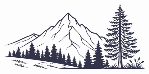 Black and white mountain scenery with coniferous forest and lone pine tree illustration mountain landscape illustration wilderness evergreen background adventure © AD