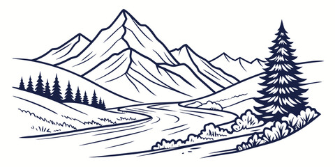 Black and white mountain valley scenery with a winding trail illustration mountain landscape wilderness adventure illustration monochrome evergreen environment © AD