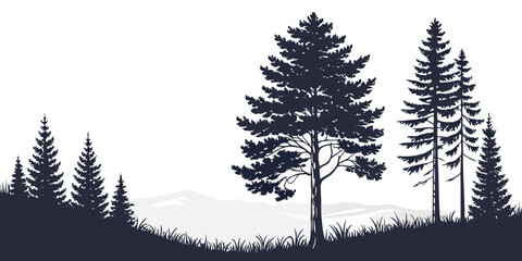 Simple silhouette graphic of a pine forest and distant mountains in a valley with silhouette landscape mountains illustration woodland evergreen wilderness © AD