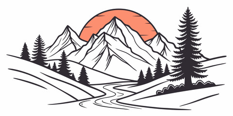 Minimalist graphic mountain scenery with pine forest winding river setting sun professional outdoor adventure emblem illustration mountain landscape outdoors trekking © AD