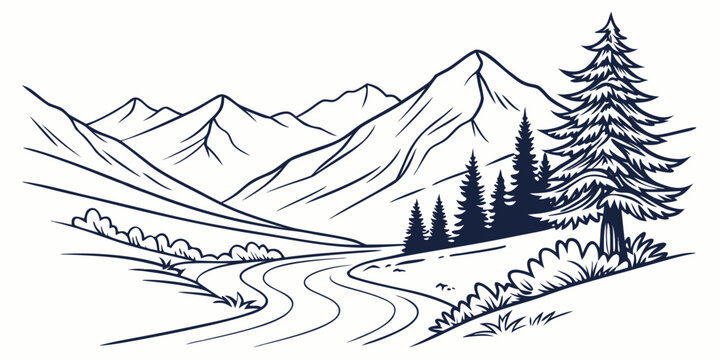 Alpine landscape with winding path and dense forest line art graphic mountain landscape wilderness adventure illustration monochrome evergreen environment