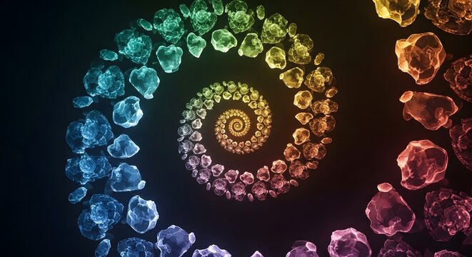 Vibrant rainbow crystal spiral formation on black background