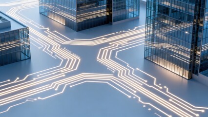 Fototapeta premium Futuristic city with glowing circuit paths