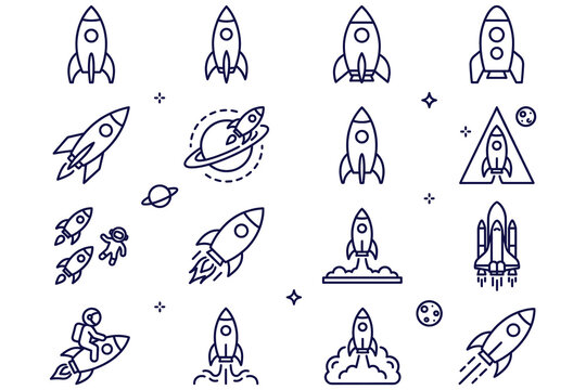 Collection of stylized rocket ship icons set featuring space exploration theme with minimalist line art design for branding and digital marketing materials