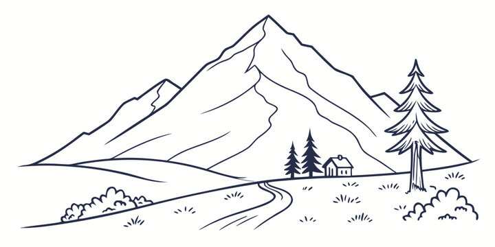 Minimalist mountain landscape with small cabin pine trees and winding path line art mountain landscape illustration adventure wilderness monochrome background