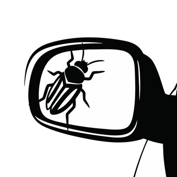 Bug on a car side mirror vector illustration. Black and white insect and automotive graphic. Pest and travel concept isolated on transparent background