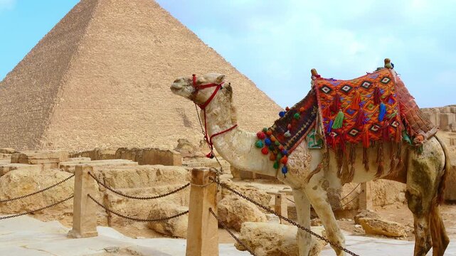 Saddled camel resting near the ancient ruins of the giza pyramid complex, in Cairo. An iconic egyptian landscape with a dromedary in the desert