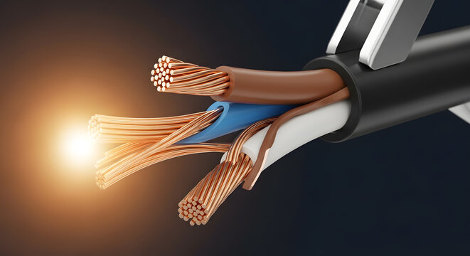Stripped electrical power cable with exposed copper wires | Glowing spark showing energy flow and electrical conductivity in industrial wiring | Concept of electricity and technology infrastructure
