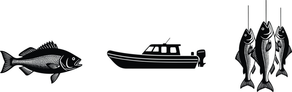 Spearfishing and scuba diving equipment collection featuring diver silhouette, spearguns, fish, boat, and underwater hunting gear icons isolated on white background, flat vector illustration.