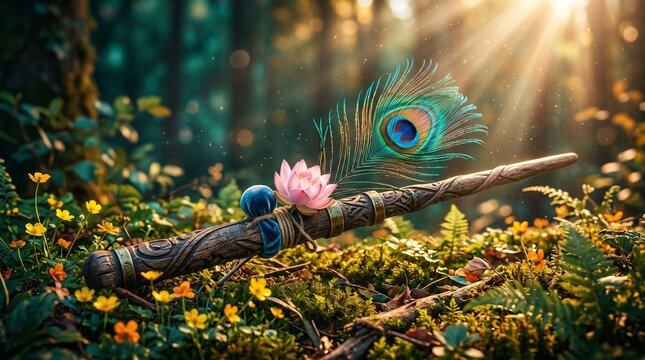 Lord Krishna's divine flute with peacock feather and lotus in a sunlit forest