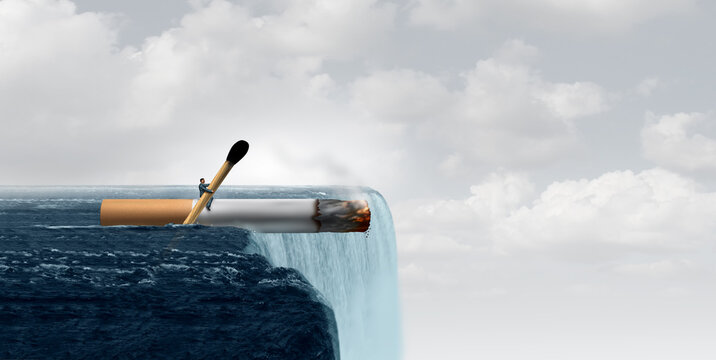 Dangers of Smoking as a health hazard concept with a person on a dangerous journey in an ocean rowing a giant cigarette with a match as a smoke crisis idea and a medical symbol for challenges in quitt