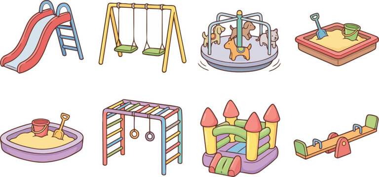Colorful playground equipment collection featuring a slide swing set merry go round sandbox monkey bars inflatable castle and seesaw designed in a cute hand drawn cartoon style for children activities