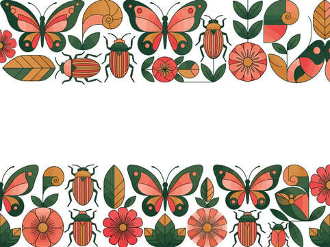 Modern Folk Art Nature Border with Butterflies, Beetles, and Flowers; Geometric Illustration Background with Copy Space for Text