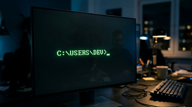 Coding Desk at Night: A dark and focused computer desk setup, displaying a terminal prompt on the screen. Reflecting the late-night work environment.