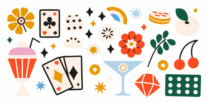 Casino elements and retro icons on white background