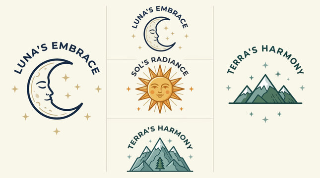 Vintage Celestial and Nature Logo Collection Featuring Mystical Sun Moon and Mountain Emblems for Branding and Wellness Design