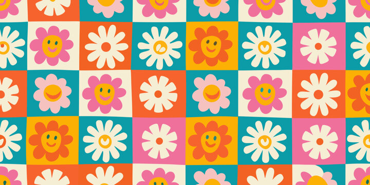 Retro daisy flower pattern with smiling faces colorful grid background