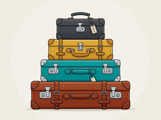 Stack of Vintage Suitcases Illustration: Retro Colorful Travel Luggage and Antique Trunks for Vacation, Journey, and Relocation Concepts © Suci