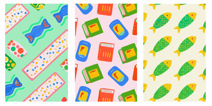 colorful school supplies pattern featuring books candy and fish