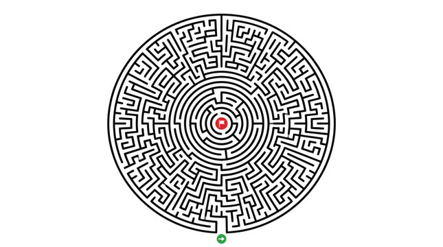Circular maze puzzle with red center and green exit on white background