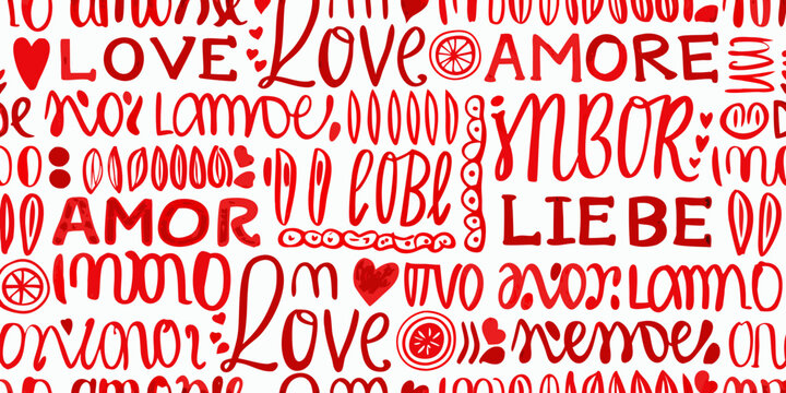 Seamless pattern featuring the words love and amore in red script