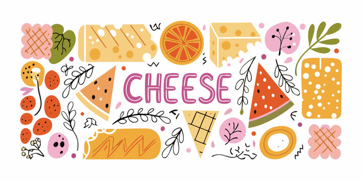 The word cheese surrounded by fruits and floral elements hand drawn illustration