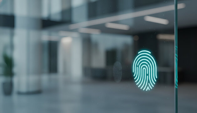 Biometric fingerprint scanner icon glowing cyan on smart glass surface in corporate office lobby with ample copy space and reflections
