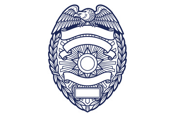 Official police badge emblem featuring eagle wings, sunburst rays, and laurel wreath design in bold blue vector illustration © Vector Classic 