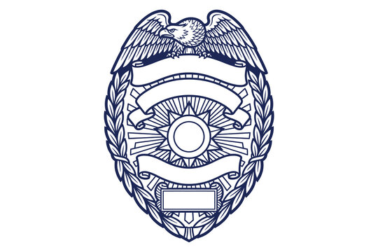 Official police badge emblem featuring eagle wings, sunburst rays, and laurel wreath design in bold blue vector illustration
